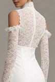 Bodycon High Neck Little White Dress with Lace Long Sleeves