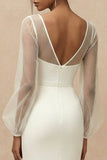 White Sheath Bateau Neck Long Engagement Dress with Long Sleeves