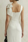 White Square Neck Sheath Midi Bridal Shower Dress with Bow