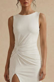 White Sheath Ruched Bateau Neck Long Engagement Dress with Slit