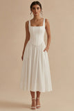 A-Line Square Neck Corse Satin White Dress