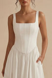 A-Line Square Neck Corse Satin White Dress