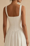A-Line Square Neck Corse Satin White Dress