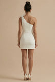 One Shoulder Bodycon Little White Dress with 3D Flowers
