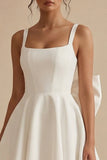 A-Line Spaghetti Starp Mini Satin Little White Dress with Bow
