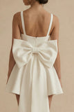 A-Line Spaghetti Starp Mini Satin Little White Dress with Bow