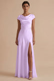 White Cowl Neck Sheath Long Rehearsal Dinner Dress with Slit