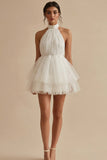 Halter White Ruffled A-Line Graduation Dress