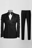 Sparkly Black Beaded Peaked Lapel Double Breasted 2-piece Men's Prom Suits