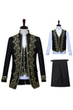 Baroque-Style Black Floral Embroidered Stand-Collar Men's 3-Piece Suit