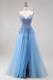 Sweetheart Blue Corset A-Line Long Tulle Prom Dress with Slit