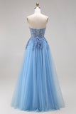 Sweetheart Blue Corset A-Line Long Tulle Prom Dress with Slit