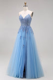 Sweetheart Blue Corset A-Line Long Tulle Prom Dress with Slit