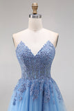 Sweetheart Blue Corset A-Line Long Tulle Prom Dress with Slit