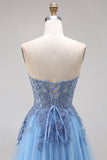 Sweetheart Blue Corset A-Line Long Tulle Prom Dress with Slit