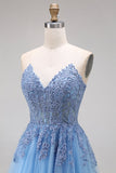 Sweetheart Blue Corset A-Line Long Tulle Prom Dress with Slit
