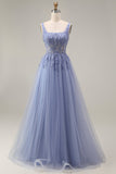 Dusty Lavender Corset A-Line Square Neck Tulle Long Prom Dress