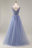 Dusty Lavender Corset A-Line Square Neck Tulle Long Prom Dress