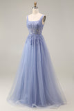 Dusty Lavender Corset A-Line Square Neck Tulle Long Prom Dress