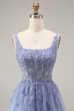 Dusty Lavender Corset A-Line Square Neck Tulle Long Prom Dress