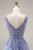 Dusty Lavender Corset A-Line Square Neck Tulle Long Prom Dress