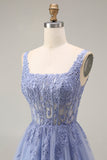 Dusty Lavender Corset A-Line Square Neck Tulle Long Prom Dress