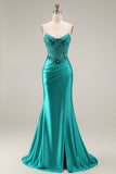 Peacock Mermaid Sweetheart Corset Ruched Beaded Long Prom Dress with Slit