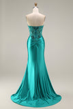 Peacock Mermaid Sweetheart Corset Ruched Beaded Long Prom Dress with Slit