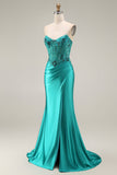Peacock Mermaid Sweetheart Corset Ruched Beaded Long Prom Dress with Slit