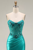Peacock Mermaid Sweetheart Corset Ruched Beaded Long Prom Dress with Slit