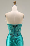 Peacock Mermaid Sweetheart Corset Ruched Beaded Long Prom Dress with Slit