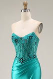 Peacock Mermaid Sweetheart Corset Ruched Beaded Long Prom Dress with Slit
