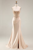 Champagne Corset Mermaid Ruched Long Prom Dress with Slit
