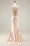 Champagne Corset Mermaid Ruched Long Prom Dress with Slit