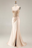Champagne Corset Mermaid Ruched Long Prom Dress with Slit