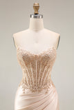 Champagne Corset Mermaid Ruched Long Prom Dress with Slit