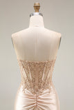 Champagne Corset Mermaid Ruched Long Prom Dress with Slit