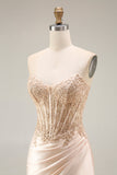 Champagne Corset Mermaid Ruched Long Prom Dress with Slit