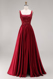 Burgundy Corset A-Line Square Neck Long Prom Dress with Beading