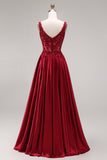 Burgundy Corset A-Line Square Neck Long Prom Dress with Beading