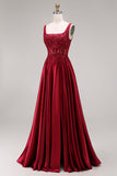 Burgundy Corset A-Line Square Neck Long Prom Dress with Beading