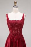 Burgundy Corset A-Line Square Neck Long Prom Dress with Beading