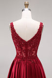 Burgundy Corset A-Line Square Neck Long Prom Dress with Beading