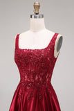 Burgundy Corset A-Line Square Neck Long Prom Dress with Beading
