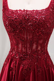 Burgundy Corset A-Line Square Neck Long Prom Dress with Beading
