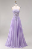 Strapless Lilac Corset A-Line Long Prom Dress with Lace Up Back