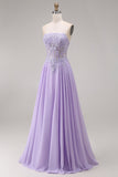 Strapless Lilac Corset A-Line Long Prom Dress with Lace Up Back