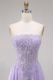 Strapless Lilac Corset A-Line Long Prom Dress with Lace Up Back