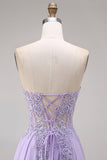 Strapless Lilac Corset A-Line Long Prom Dress with Lace Up Back