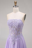 Strapless Lilac Corset A-Line Long Prom Dress with Lace Up Back